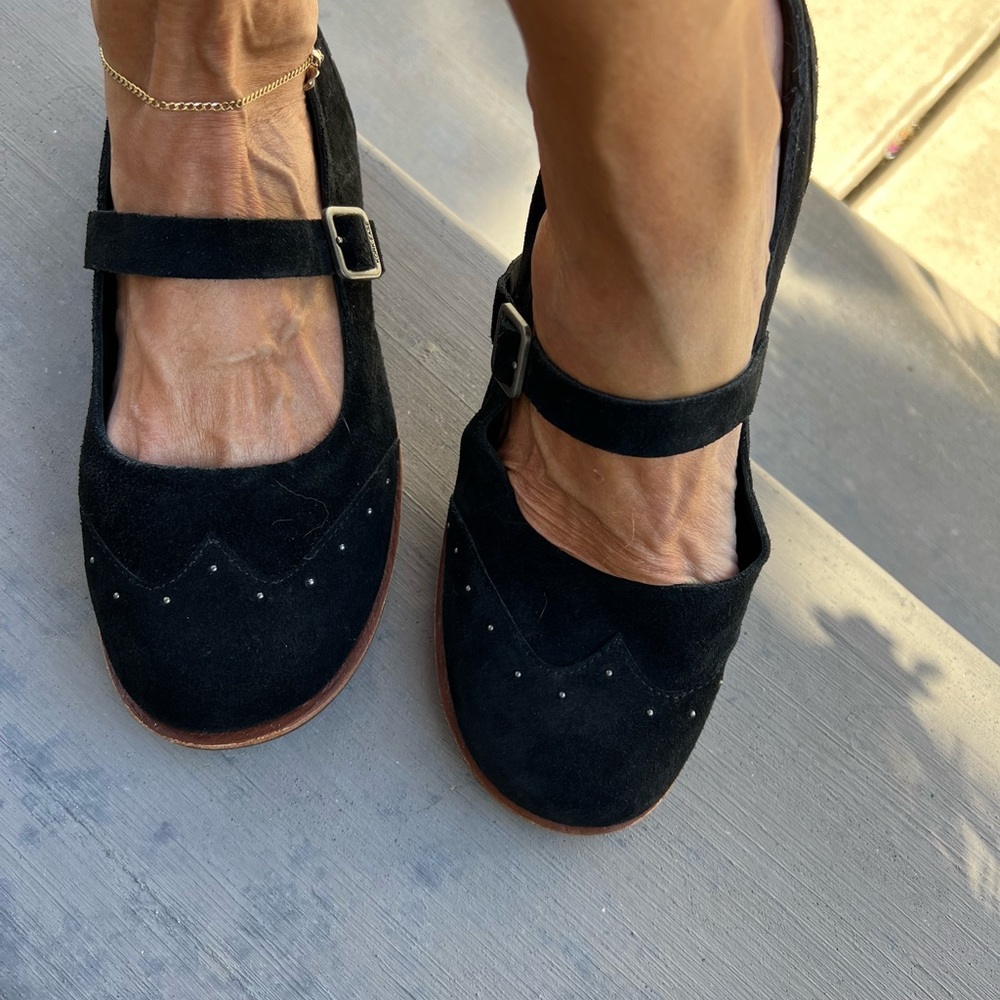 Black Suede Kork-Ease Mary Janes With Stacked Heels and tiny studs Size 8 Medium